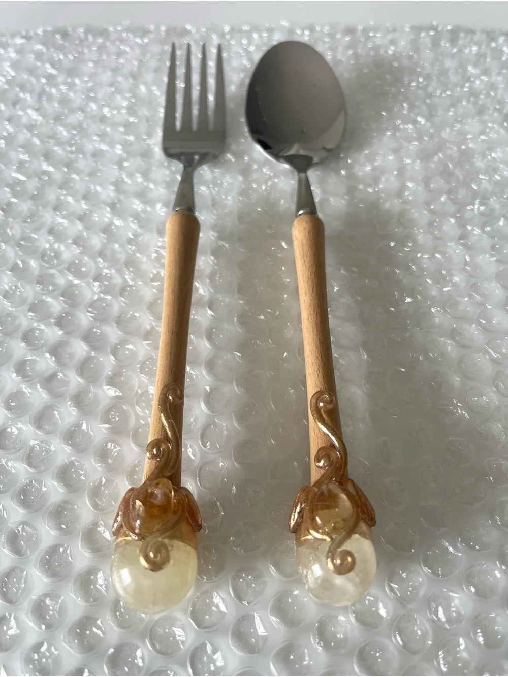 Handmade Wood-Handle Stainless Steel Spoon and Fork Set Decorative Crystal Ends